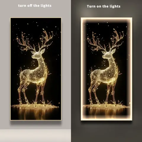 Nordic Light Luxury Abstract Art Gold Elk Decorative Painting Entrance to the House Porch Wall Led Light Crystal Painting