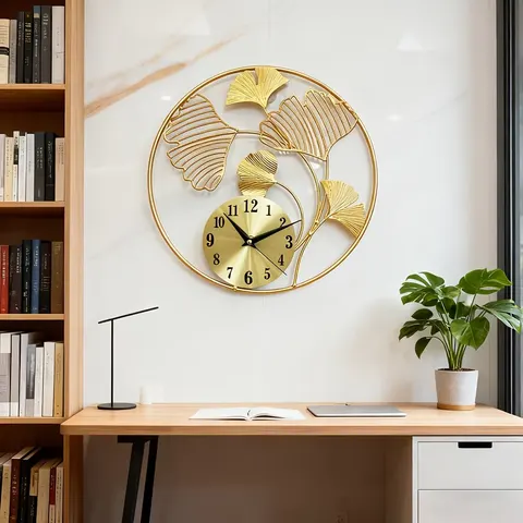 Nordic Light Luxury Iron Ginkgo Leaf Wall Clock Bedroom Background Wall Metal Art Decorative Wall Clock