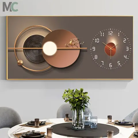 Nordic Style Abstract Geometry with Elk Art Decoration Living Room Background Wall Crystal Painting with Clock