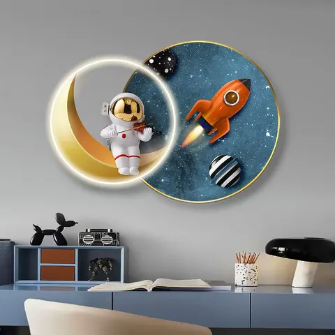 Original Astronaut LED Painting: Children's Room Decor, Acrylic UV-Printed Oil Painting, Anime Space Station, Hanging Decor