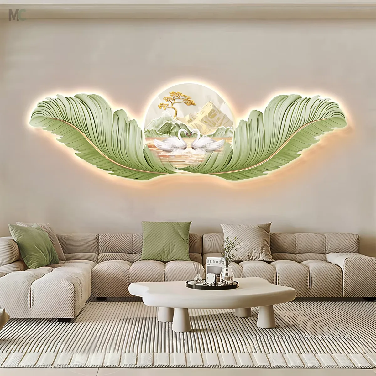 Originality Cream Wind Luxury Feather Living Room Crystal Porcelain Mural Art Led Glow Home Decor Painting