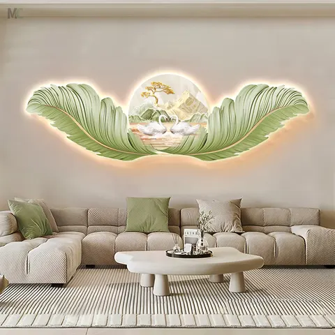 Originality Cream Wind Luxury Feather Living Room Crystal Porcelain Mural Art Led Glow Home Decor Painting