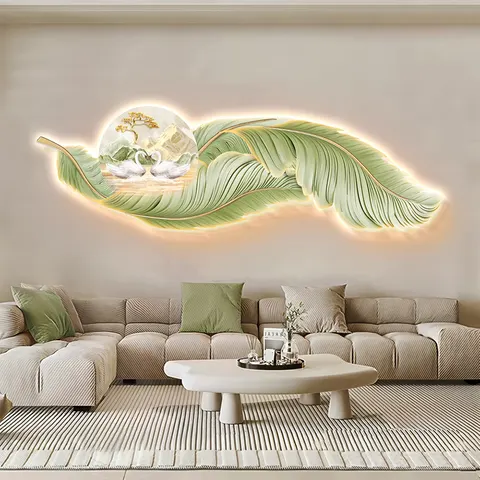 Originality Cream Wind Luxury Feather Living Room Crystal Porcelain Mural Art Led Glow Home Decor Painting