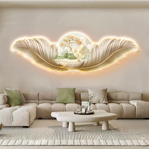 Originality Cream Wind Luxury Feather Living Room Crystal Porcelain Mural Art Led Glow Home Decor Painting