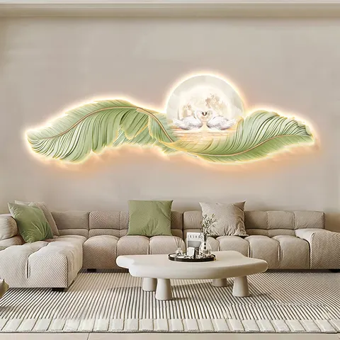 Originality Cream Wind Luxury Feather Living Room Crystal Porcelain Mural Art Led Glow Home Decor Painting