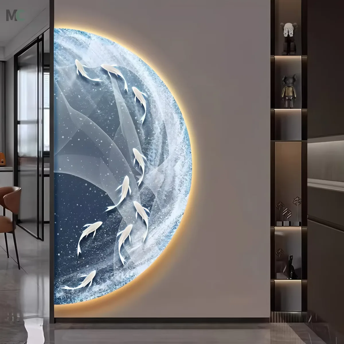 Originality Semicircular Modern Luxury Bedside Nine Fish ELK Picture Mural Art LED Glow Crystal Porcelain Home Decor Paintings