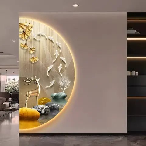 Originality Semicircular Modern Luxury Bedside Nine Fish ELK Picture Mural Art LED Glow Crystal Porcelain Home Decor Paintings