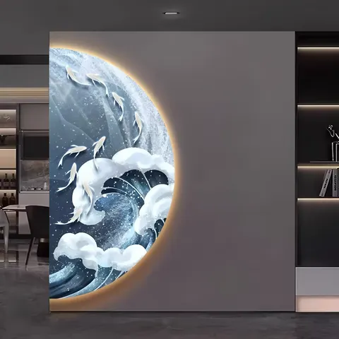 Originality Semicircular Modern Luxury Bedside Nine Fish ELK Picture Mural Art LED Glow Crystal Porcelain Home Decor Paintings