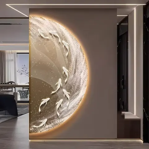 Originality Semicircular Modern Luxury Bedside Nine Fish ELK Picture Mural Art LED Glow Crystal Porcelain Home Decor Paintings