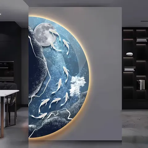 Originality Semicircular Modern Luxury Bedside Nine Fish ELK Picture Mural Art LED Glow Crystal Porcelain Home Decor Paintings