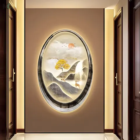 Oval LED Glow Living Room Porch Crystal Porcelain Painting Corridor Background Wall Art Home Decor Painting