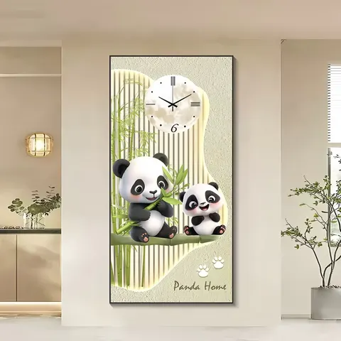 Panda Mural with Light Surrounded by Glowing Decorative Paintings Crystal Porcelain Painting Wall Art Home Decor