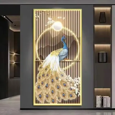 Peacock Mural with Light Surrounded by Glowing Decorative Paintings Crystal Porcelain Painting Wall Art Home Decor