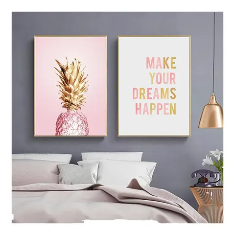 Pink Golden Pineapple Nordic Poster Art Decor Design Aluminum Frame Wall Art Printed Home Decor Painting