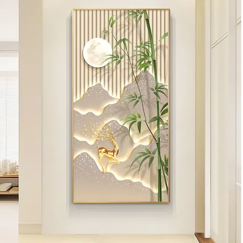 Popular Design Ornaments Green Bamboo Decorative Painting Modern Light Luxury Corridor Living Room Vertical Version Murals