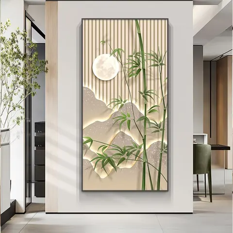 Popular Design Ornaments Green Bamboo Decorative Painting Modern Light Luxury Corridor Living Room Vertical Version Murals