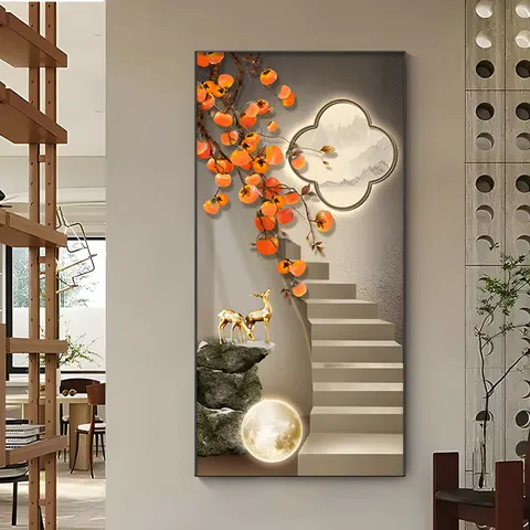 Porch Pine Tree Elk Wall Art Home Decor Painting Light Luxury Corridor Background Wall Crystal Porcelain Painting