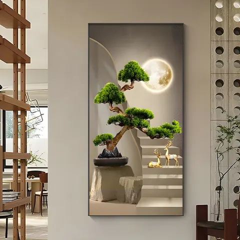 Porch Pine Tree Elk Wall Art Home Decor Painting Light Luxury Corridor Background Wall Crystal Porcelain Painting
