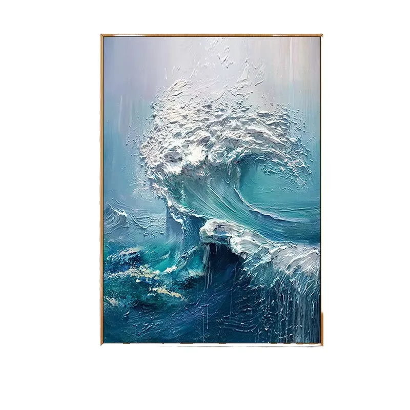 Pure Texture Canvas Wall Art Knife Thick Blue Landscape  Abstract Handmade Modern Ocean Waves Oil Painting