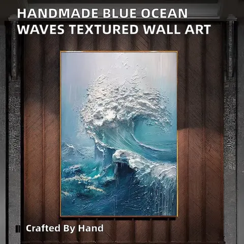 Pure Texture Canvas Wall Art Knife Thick Blue Landscape  Abstract Handmade Modern Ocean Waves Oil Painting