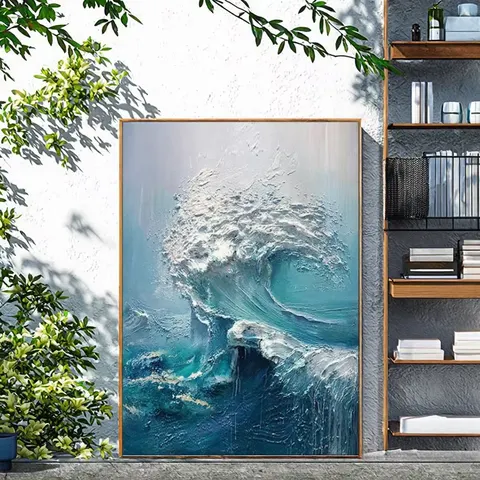 Pure Texture Canvas Wall Art Knife Thick Blue Landscape  Abstract Handmade Modern Ocean Waves Oil Painting