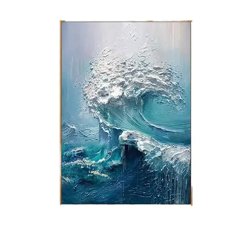 Pure Texture Canvas Wall Art Knife Thick Blue Landscape  Abstract Handmade Modern Ocean Waves Oil Painting