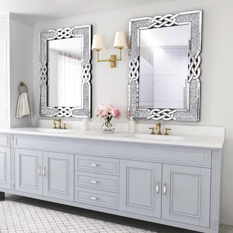 Quadrate Crystal Crush Diamond Sparkly Silver Bathroom Mirror Frameless Mirrors Vanity Home Decor for Living Room Hallway