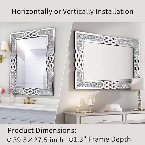 Quadrate Crystal Crush Diamond Sparkly Silver Bathroom Mirror Frameless Mirrors Vanity Home Decor for Living Room Hallway