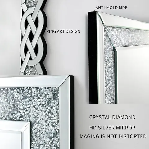 Quadrate Crystal Crush Diamond Sparkly Silver Bathroom Mirror Frameless Mirrors Vanity Home Decor for Living Room Hallway
