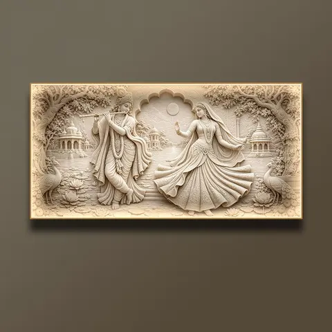 Rada Krishna Relief Art Print: Horizontal Zen-Style Wall Art Featuring Krishna From Indian Mythology