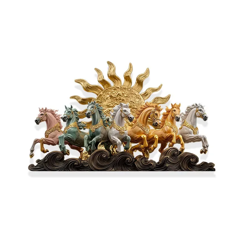 Religious Wall Hanging Depicting Surya the Hindu Sun God  in a Horizontal Composition with Seven Horses Whose Backs Glow