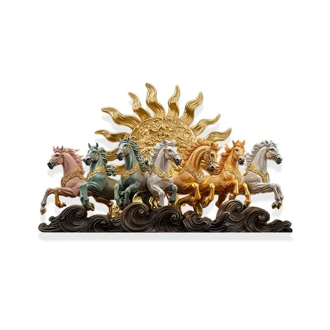 Religious Wall Hanging Depicting Surya the Hindu Sun God  in a Horizontal Composition with Seven Horses Whose Backs Glow