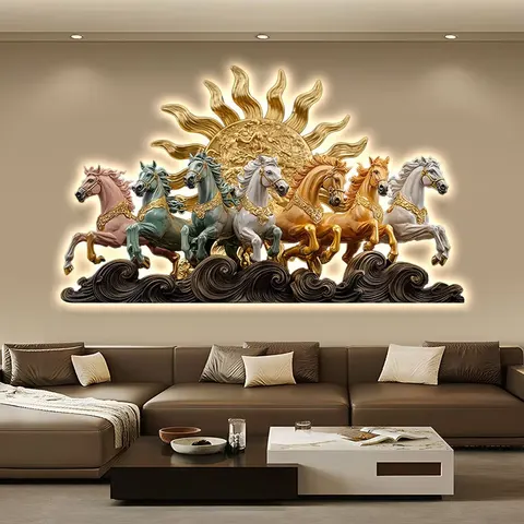 Religious Wall Hanging Depicting Surya the Hindu Sun God  in a Horizontal Composition with Seven Horses Whose Backs Glow