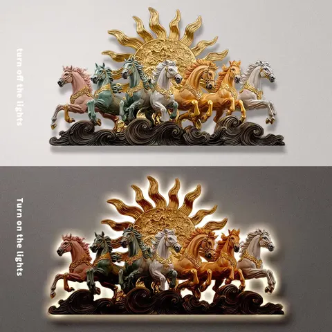 Religious Wall Hanging Depicting Surya the Hindu Sun God  in a Horizontal Composition with Seven Horses Whose Backs Glow