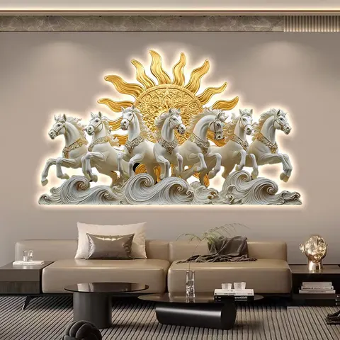 Religious Wall Hanging Depicting Surya the Hindu Sun God  in a Horizontal Composition with Seven Horses Whose Backs Glow