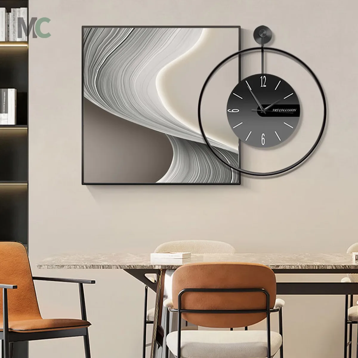 Restaurant Clock Hanging Paining Modern Simple Wall Decor Painting High-grade with Clock Dining Room Abstract Line Mural