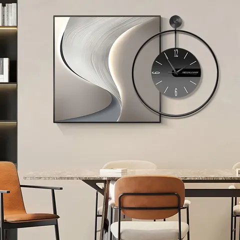 Restaurant Clock Hanging Paining Modern Simple Wall Decor Painting High-grade with Clock Dining Room Abstract Line Mural