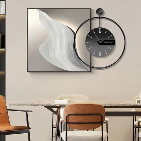 Restaurant Clock Hanging Paining Modern Simple Wall Decor Painting High-grade with Clock Dining Room Abstract Line Mural