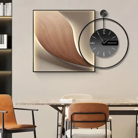 Restaurant Clock Hanging Paining Modern Simple Wall Decor Painting High-grade with Clock Dining Room Abstract Line Mural