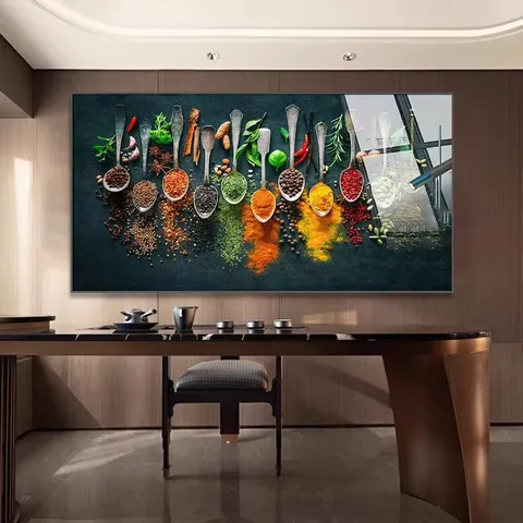 Restaurant Kitchen Seasoning Spoon Tempered Glass Large Wall Modern Abstract Glass Painting Designs Canvas Acrylic Support Base