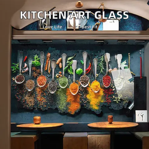 Restaurant Kitchen Seasoning Spoon Tempered Glass Large Wall Modern Abstract Glass Painting Designs Canvas Acrylic Support Base