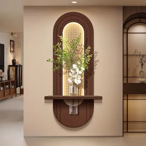 Retro Oval Shape Sandstone Mural Painting Chinese Style Hydroponic Plants Entrance Hall Art Decor Painting