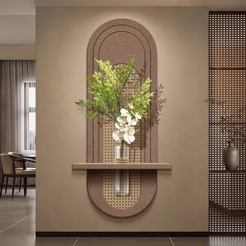 Retro Oval Shape Sandstone Mural Painting Chinese Style Hydroponic Plants Entrance Hall Art Decor Painting