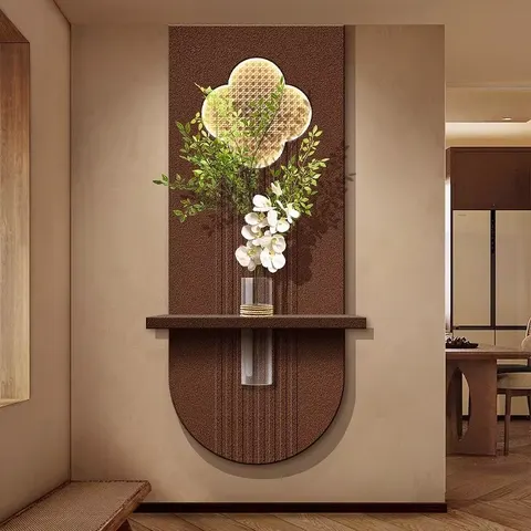Retro Oval Shape Sandstone Mural Painting Chinese Style Hydroponic Plants Entrance Hall Art Decor Painting