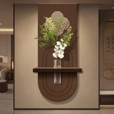 Retro Oval Shape Sandstone Mural Painting Chinese Style Hydroponic Plants Entrance Hall Art Decor Painting