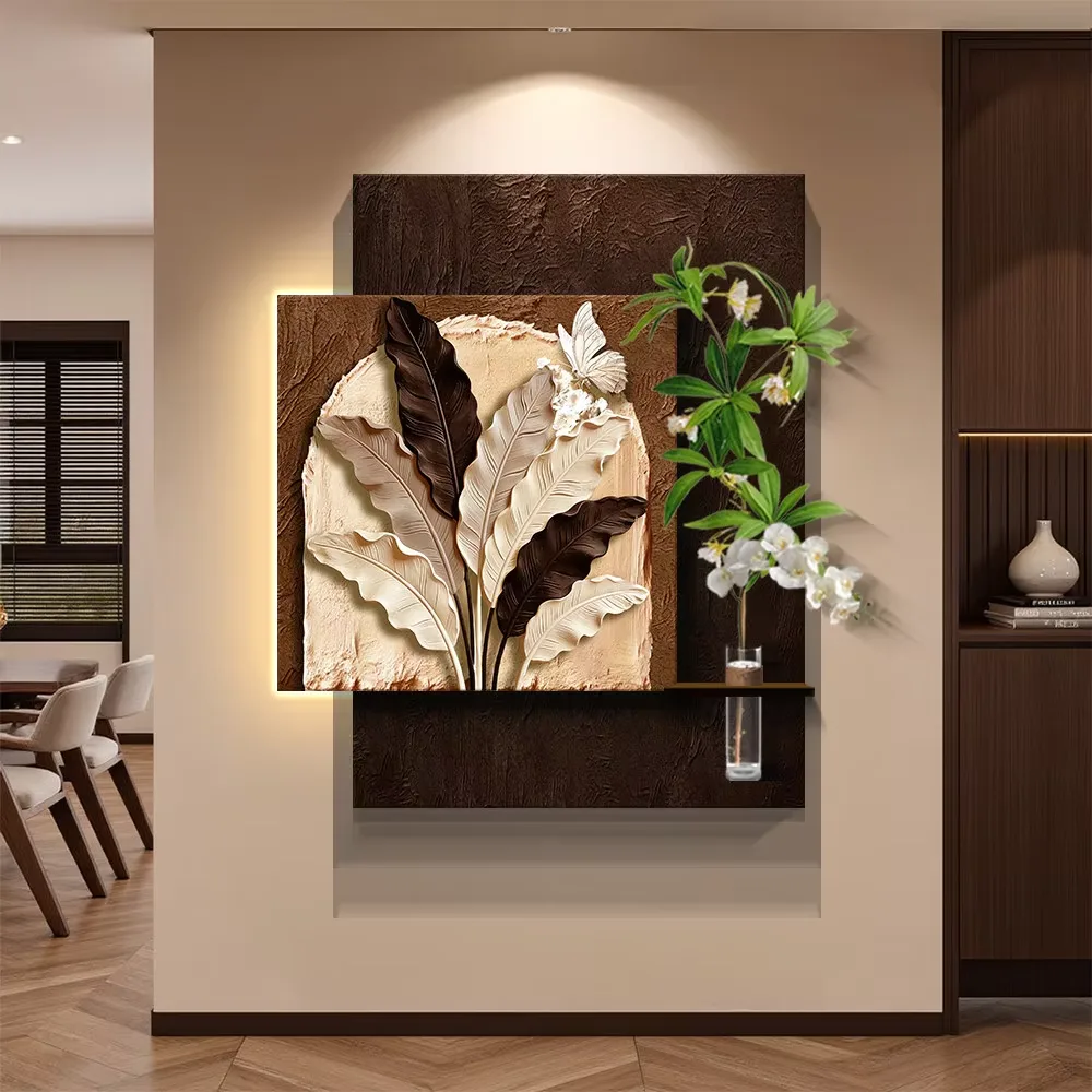Retro Style Sandstone Art Home Decor Painting Double-layer Hydroponics Green Plants Wall Surface LED Decor Painting