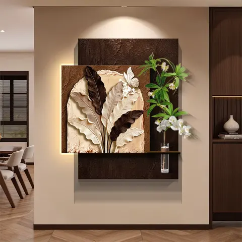 Retro Style Sandstone Art Home Decor Painting Double-layer Hydroponics Green Plants Wall Surface LED Decor Painting