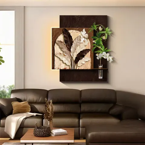 Retro Style Sandstone Art Home Decor Painting Double-layer Hydroponics Green Plants Wall Surface LED Decor Painting
