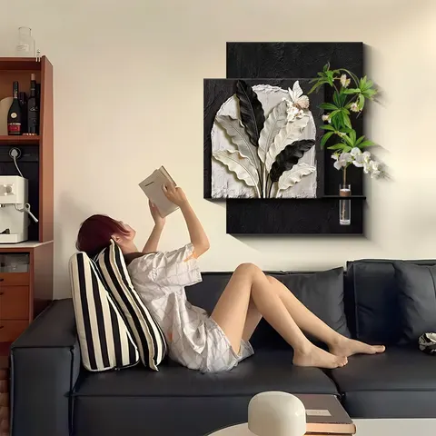 Retro Style Sandstone Art Home Decor Painting Double-layer Hydroponics Green Plants Wall Surface LED Decor Painting