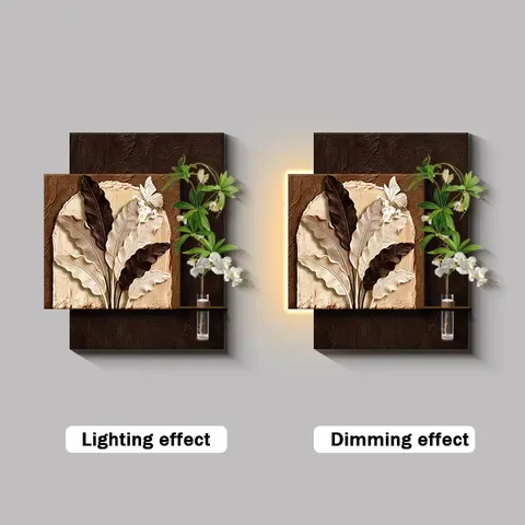 Retro Style Sandstone Art Home Decor Painting Double-layer Hydroponics Green Plants Wall Surface LED Decor Painting